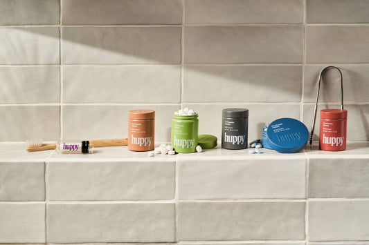 Huppy's product assortment of fluoride free, hydroxyapatite toothpaste tablets