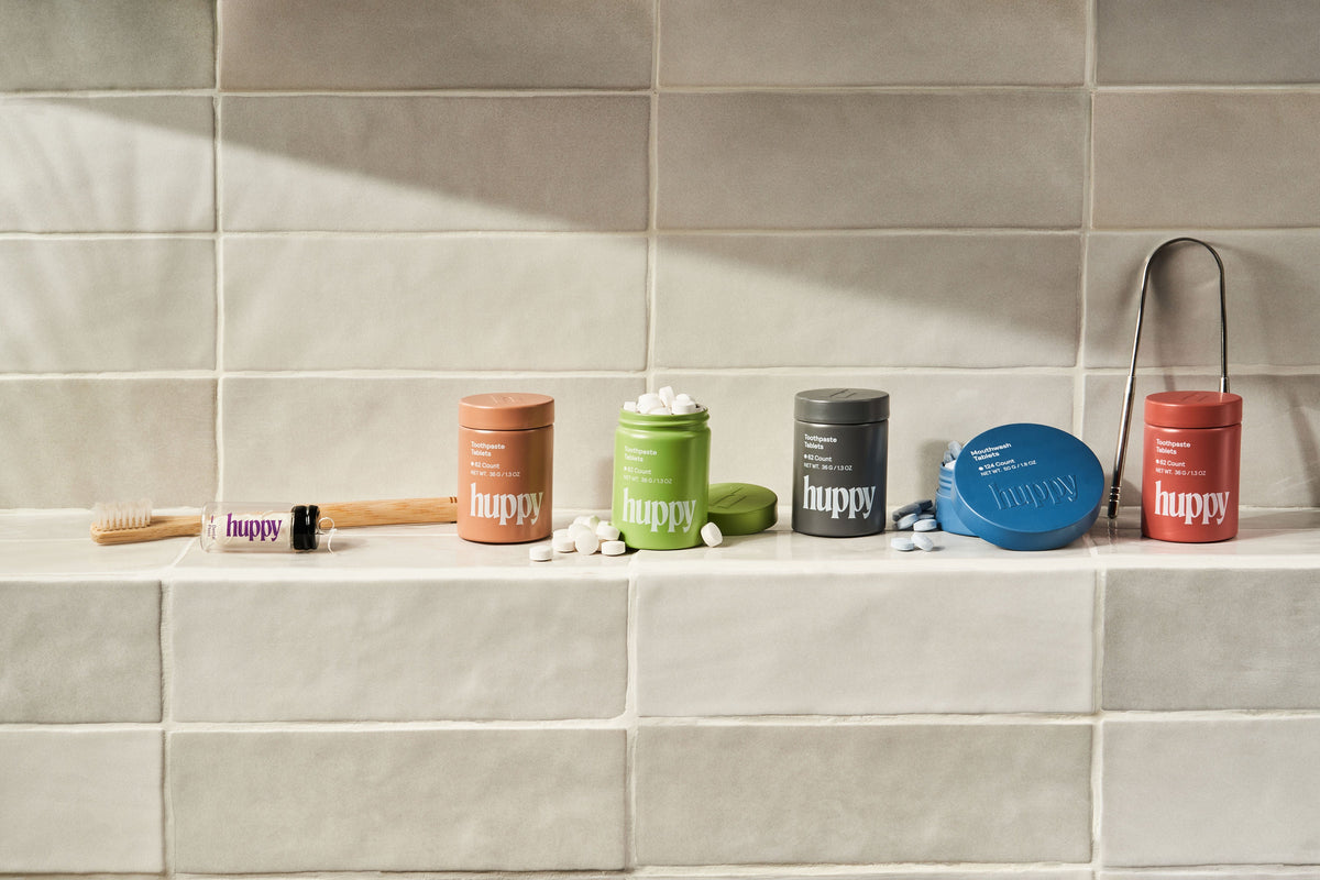 Huppy's product assortment of fluoride free, hydroxyapatite toothpaste tablets